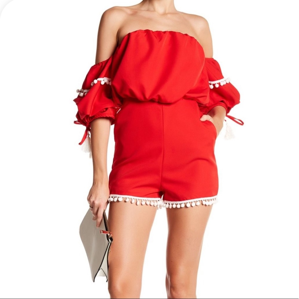 Tea & Cup Romper Shorts Red Pom Pom Tassels boho